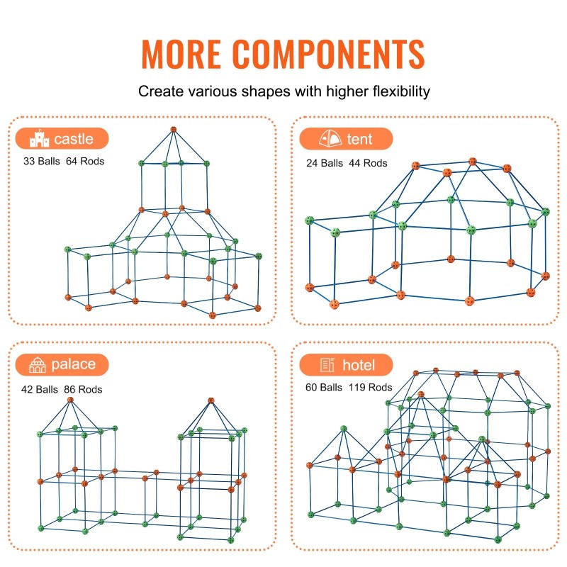 Rakennussarja lapsille 180 osaa 120 tankoa 60 palloa turvallinen materiaali