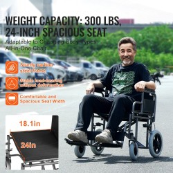 Taittuva hiiliteräksinen siirtymispyörätuoli musta aikuisille noin 61 cm istuinleveys 136 kg kantavuus