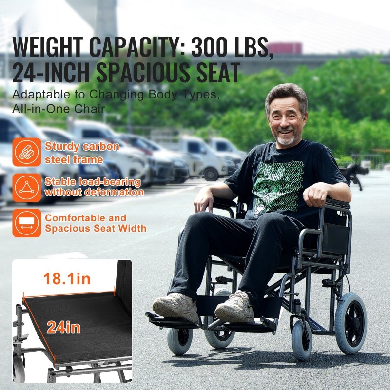 Taittuva hiiliteräksinen siirtymispyörätuoli musta aikuisille noin 61 cm istuinleveys 136 kg kantavuus