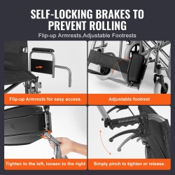 Taittuva hiiliteräksinen siirtymispyörätuoli musta aikuisille noin 61 cm istuinleveys 136 kg kantavuus