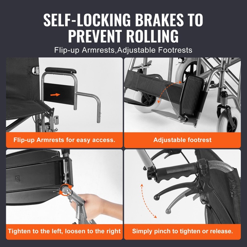 Taittuva hiiliteräksinen siirtymispyörätuoli musta aikuisille noin 61 cm istuinleveys 136 kg kantavuus