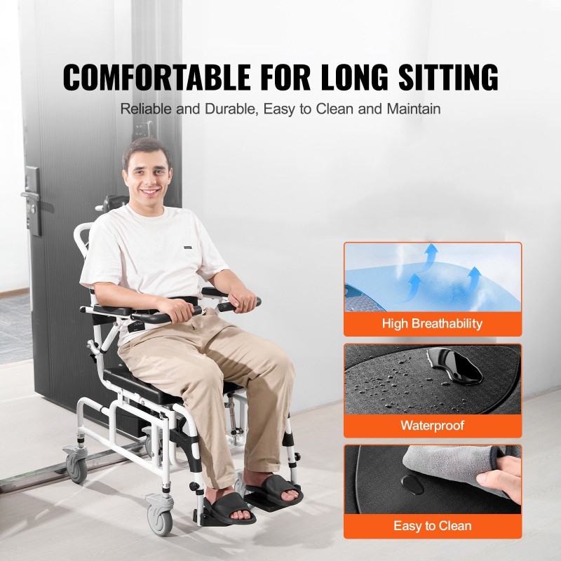 Suihkupyörätuoli alumiiniseos istuinleveys 44 cm 136 kg kantavuus kääntyvät käsinojat irrotettava tyyny