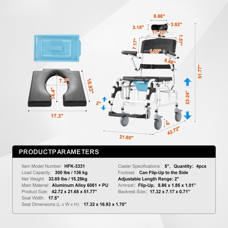 Suihkupyörätuoli alumiiniseos istuinleveys 44 cm 136 kg kantavuus kääntyvät käsinojat irrotettava tyyny