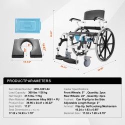 Suihkupyörätuoli alumiinirunkoinen istuimen leveys 440 mm kantavuus 136 kg