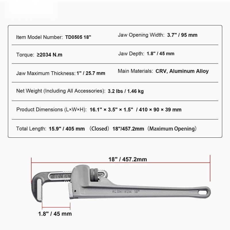 Putkiavain 18-tuumainen alumiiniseos säädettävällä kromi-vanadiiniteräsleukalla ja H-muotoisella kahvalla