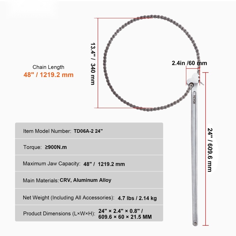 Ketjuputkiavain CRV-teräs alumiiniseos 48-tuumainen 13,4 tuuman halkaisijakapasiteetti putkiasennuksiin