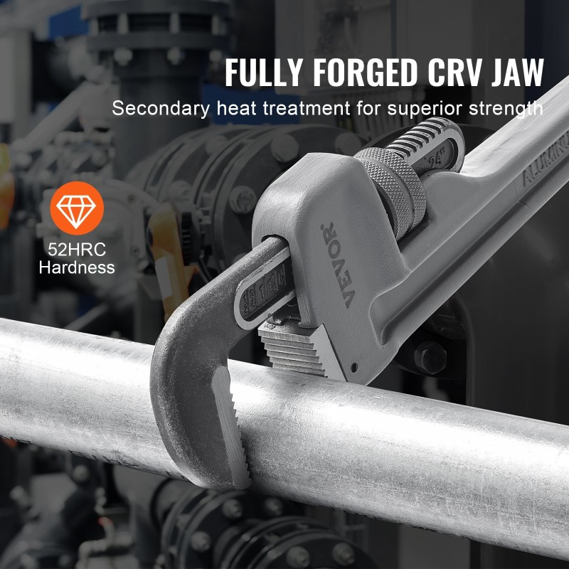 24-tuumainen alumiininen putkiavain säädettävällä leukamekanismilla ergonomisella H-kahvalla ripustettava