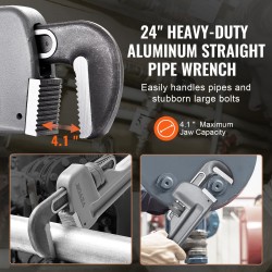 24-tuumainen alumiininen putkiavain säädettävällä leukamekanismilla ergonomisella H-kahvalla ripustettava