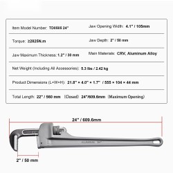 24-tuumainen alumiininen putkiavain säädettävällä leukamekanismilla ergonomisella H-kahvalla ripustettava