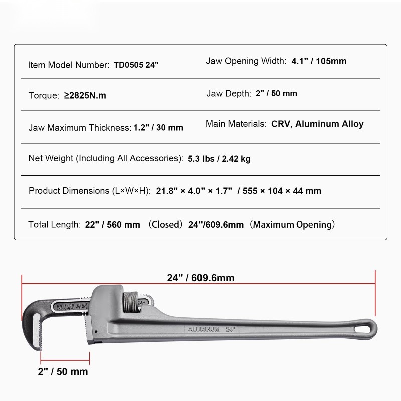 24-tuumainen alumiininen putkiavain säädettävällä leukamekanismilla ergonomisella H-kahvalla ripustettava
