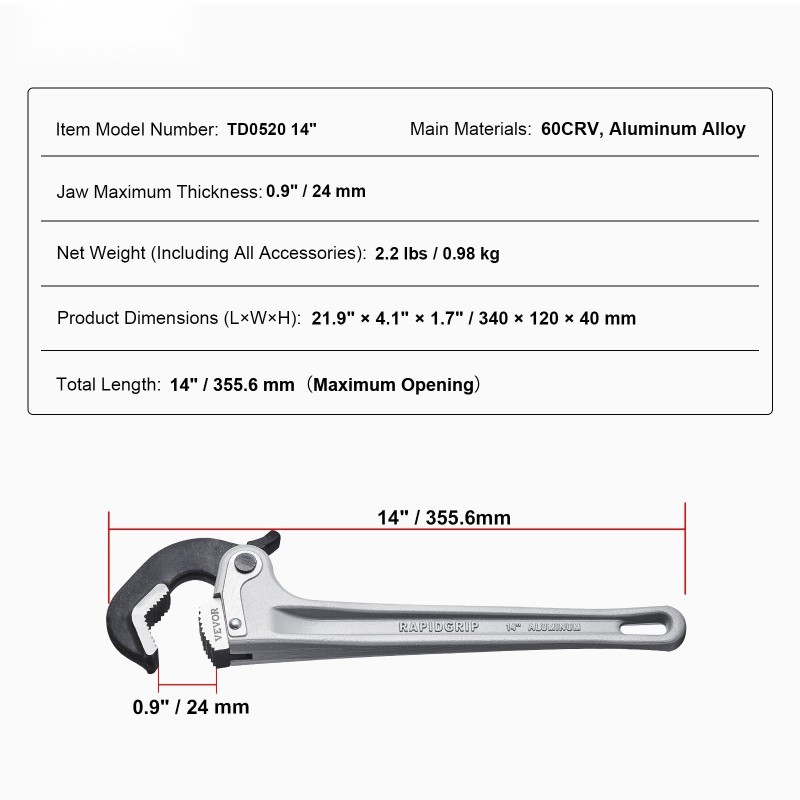 Putkiavain alumiinirunkoinen 14 tuumaa automaattisesti säätyvät leuat 17–48 mm
