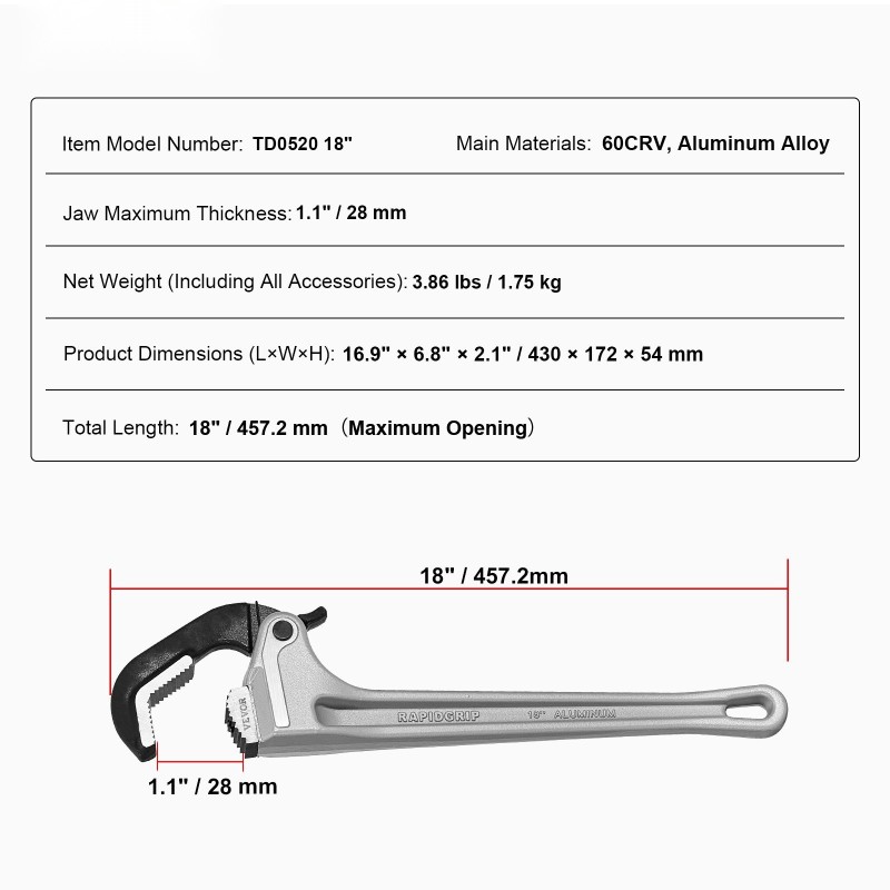 Suora 18-tuumainen putkiavain alumiinirunkoinen automaattisesti säätyvällä leukalla ergonomisella H-kahvalla