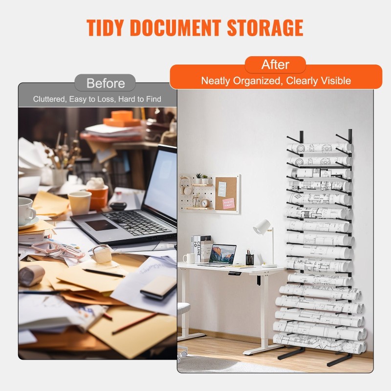 Seinään asennettava metallinen rullasäilytysteline 16 tasoa 2 rullaa tasoa kohden musta piirustuksille