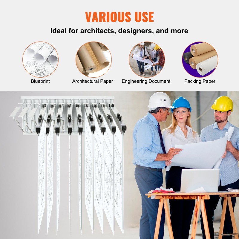 Seinään asennettava metallinen piirustusteline 12 kääntyvää kannatinta valkoinen jopa 1200 arkkia