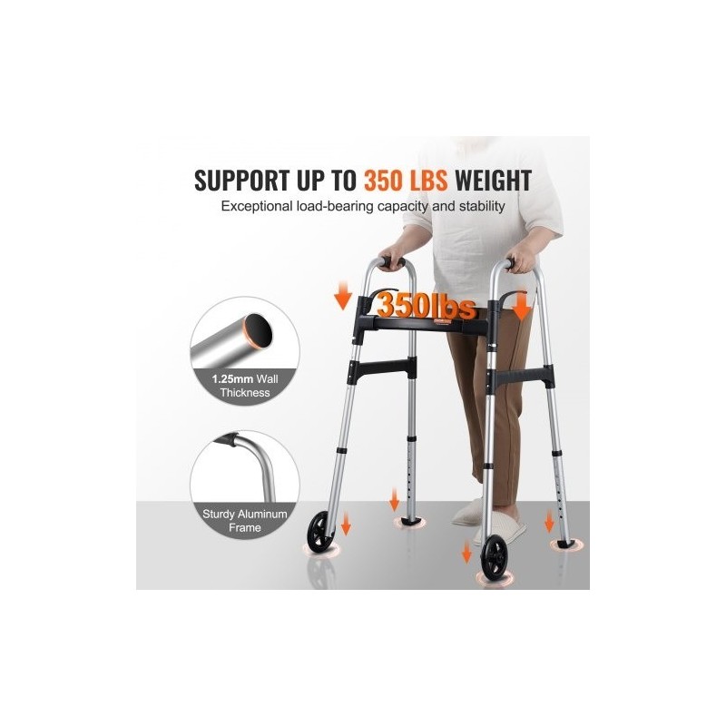 Taittuva alumiininen kävelyteline korkeussäädöllä 775–955 mm 5-tuumaisten etupyörien kantavuus 350 paunaa