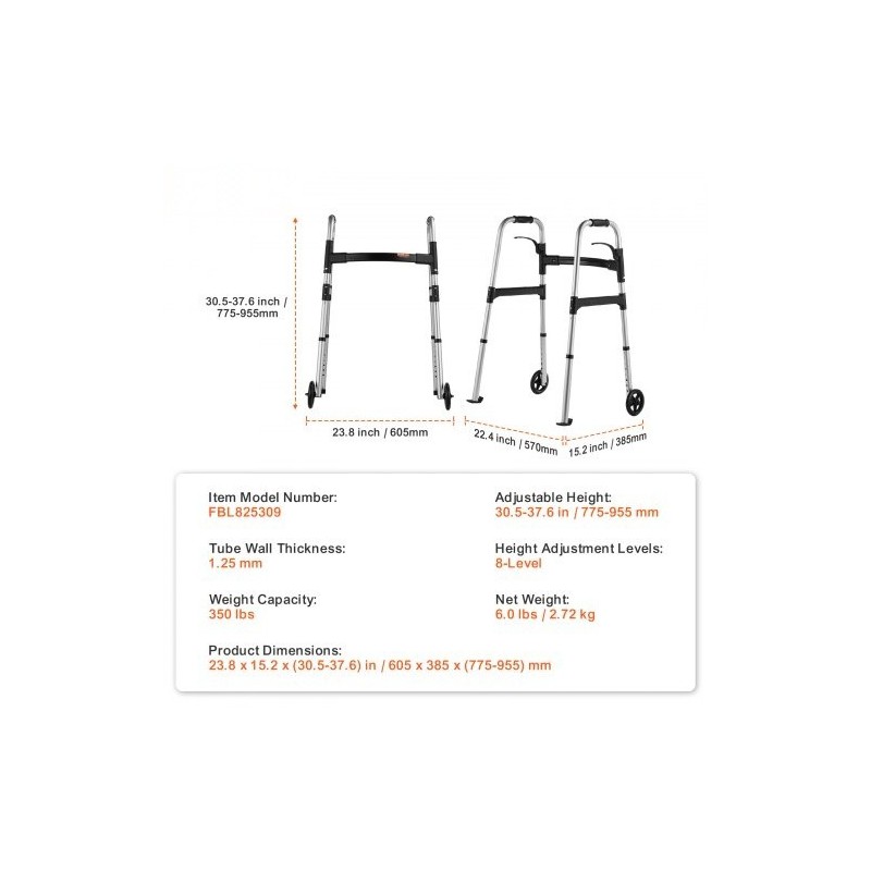 Taittuva alumiininen kävelyteline korkeussäädöllä 775–955 mm 5-tuumaisten etupyörien kantavuus 350 paunaa