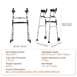 Taitettava korkeussäädettävä kevyt alumiinikävelyteline irrotettavilla käsituilla ja etupyörillä kantavuus 204 kg