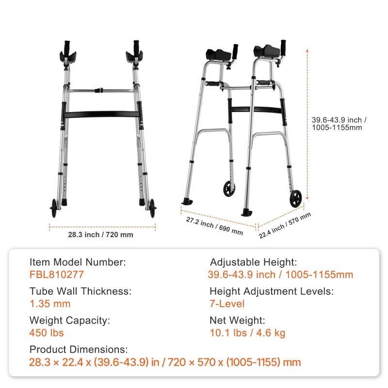 Taitettava korkeussäädettävä kevyt alumiinikävelyteline irrotettavilla käsituilla ja etupyörillä kantavuus 204 kg