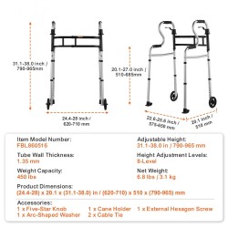 Taitettava alumiininen kävelyteline etupyörillä säädettävä korkeus 790–965 millimetriä kantavuus noin 204 kiloa