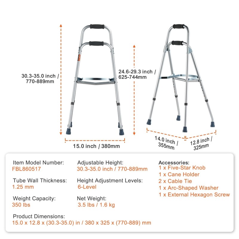 Taittuva alumiinirunkoinen hemi-kävelyteline sivulta käytettävä 6-portainen 770–889 mm kantavuus 159 kg