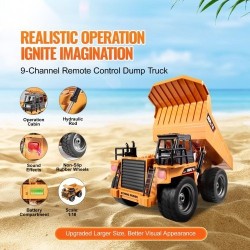 Kauko-ohjattava kippiauto mittakaava 1:18 9-kanavainen metallinen ohjaamo muovinen lava 2 ladattavaa akkua