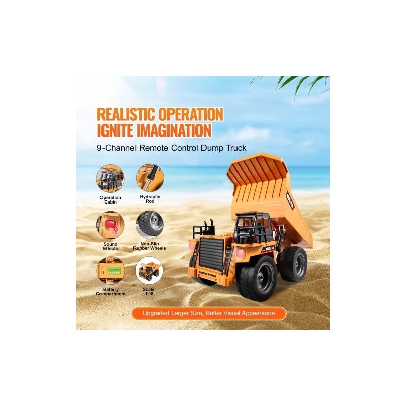 Kauko-ohjattava kippiauto mittakaava 1:18 9-kanavainen metallinen ohjaamo muovinen lava 2 ladattavaa akkua