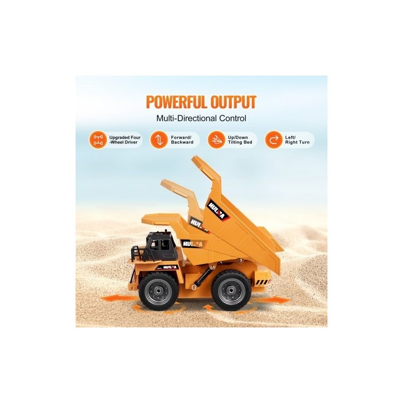 Kauko-ohjattava kippiauto mittakaava 1:18 9-kanavainen metallinen ohjaamo muovinen lava 2 ladattavaa akkua