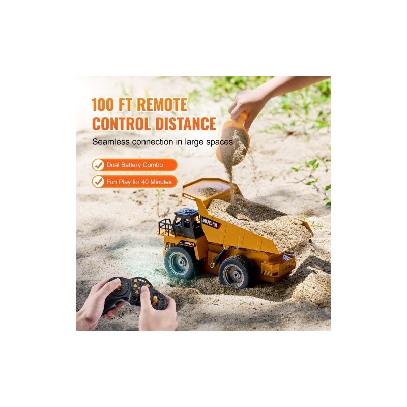 Kauko-ohjattava kippiauto mittakaava 1:18 9-kanavainen metallinen ohjaamo muovinen lava 2 ladattavaa akkua