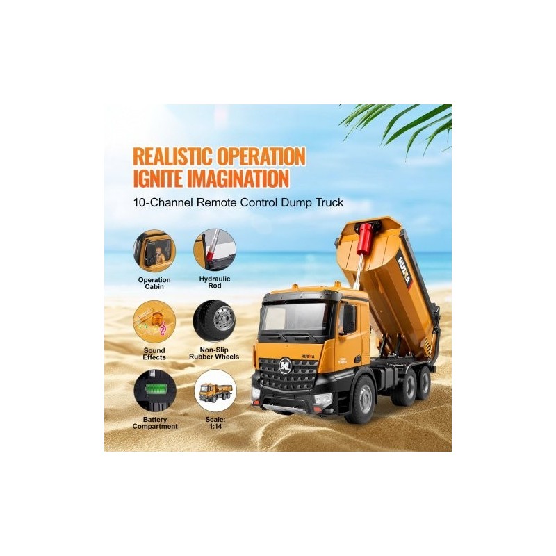 Radio-ohjattava kippiauto 1:14 muovi sinkkiseos 10 kanavaa 2 ladattavaa akkua työmaaleikkeihin
