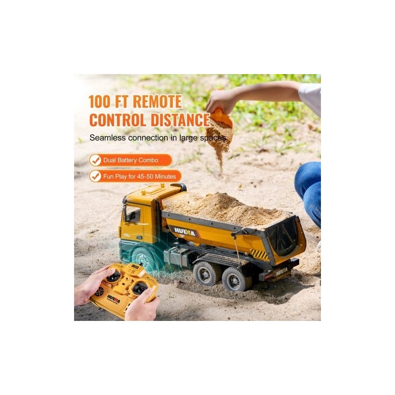 Radio-ohjattava kippiauto 1:14 muovi sinkkiseos 10 kanavaa 2 ladattavaa akkua työmaaleikkeihin