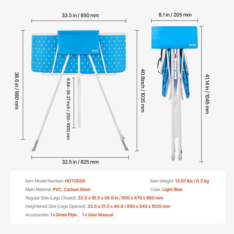 Taitettava lemmikkien kylpyamme PVC ja hiiliteräs vaaleansininen sopii pienille sekä keskikokoisille lemmikeille