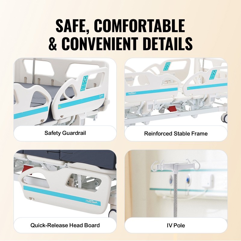 Täyssähköinen 5-toimintoinen sairaalasänky sydäntuoliasennolla vesitiivis vaahtomuovipatja mukana 250 kg kantavuus