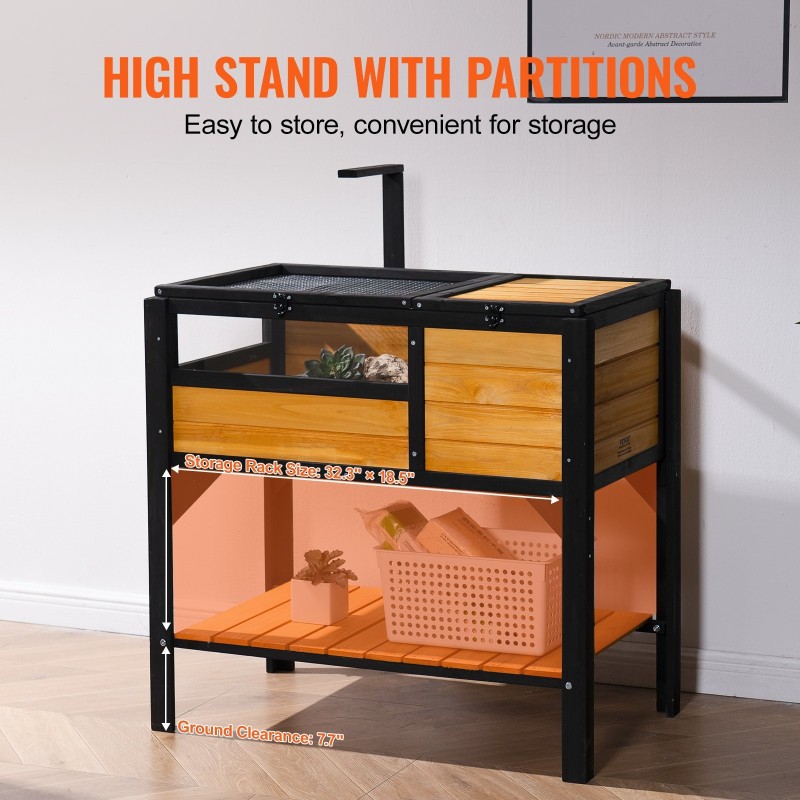 Puunen kilpikonnien terraario setripuu sisä- ja ulkokäyttöön korkeilla jaloilla valaisintelineellä