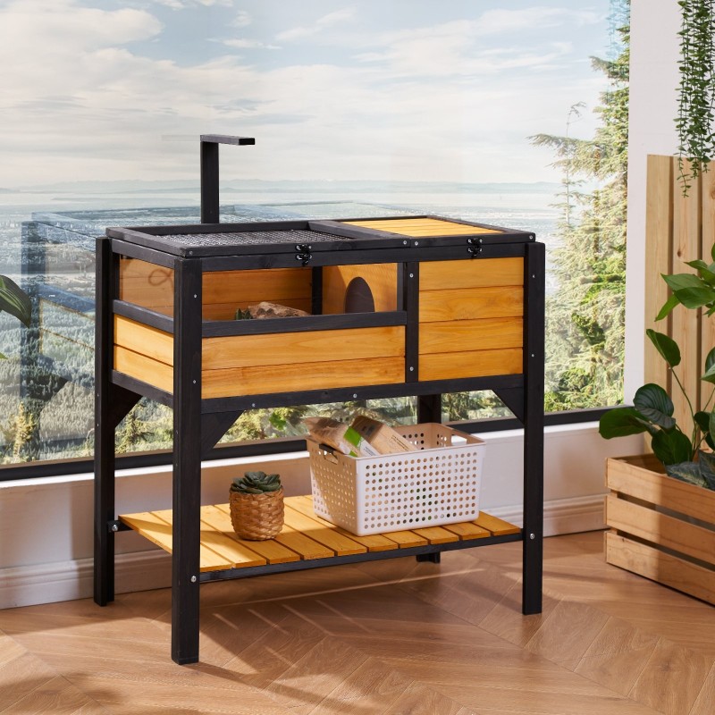 Puunen kilpikonnien terraario setripuu sisä- ja ulkokäyttöön korkeilla jaloilla valaisintelineellä