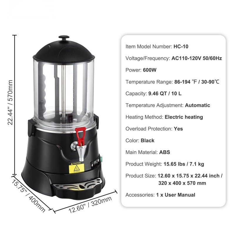 Kuumajuoma-automaatti 10 l ABS-muovinen säiliö 30–90 °C säädettävä lämpötila