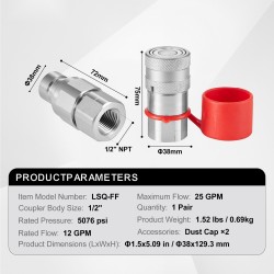 Tasopintainen hydraulinen pikaliitinpari puolituuman NPT-sisäkierteellä hiiliteräs kromipinnoite standardin mukainen yksi pari
