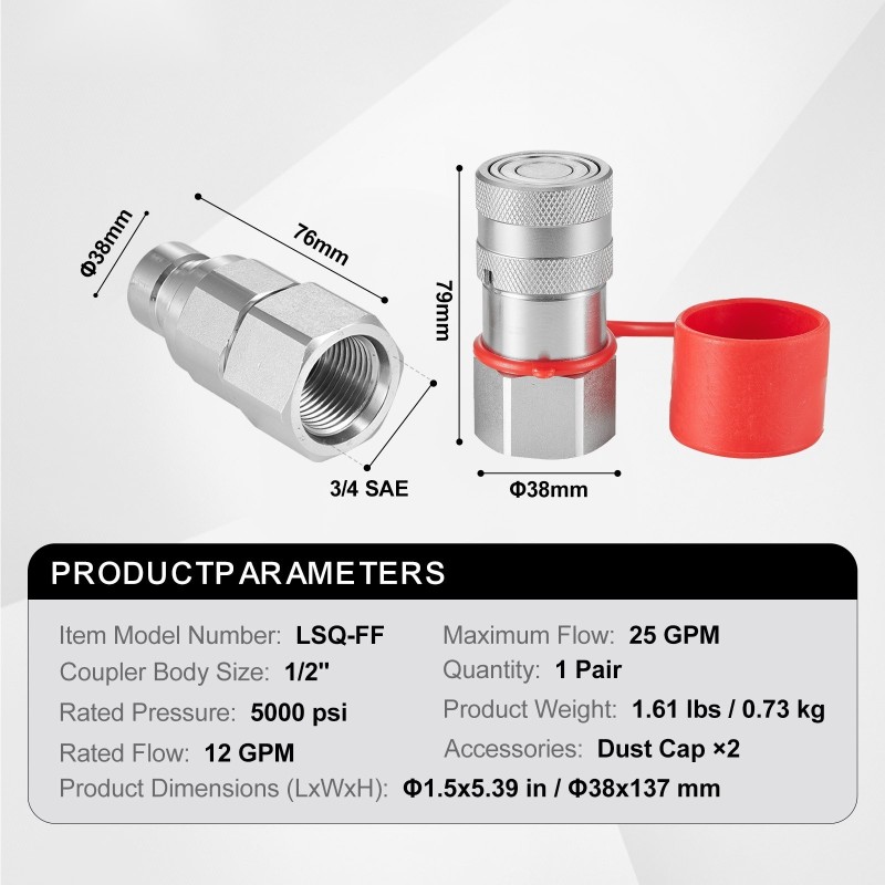 Litteän pinnan hydrauliset pikaliittimet 1/2 tuuman runko 3/4 SAE kromipinnoitettu
