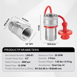 Kapearunkoiset puoli tuuman NPT hydrauliikkaliittimet 2 paria 4 suojatulppaa kromipinnoitettu hiiliteräs