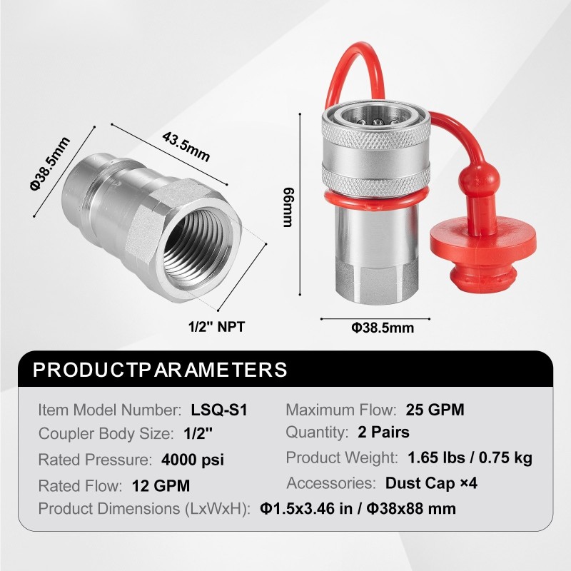 Kapearunkoiset puoli tuuman NPT hydrauliikkaliittimet 2 paria 4 suojatulppaa kromipinnoitettu hiiliteräs