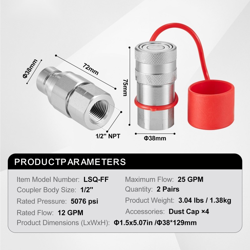 Tasapintaiset hydrauliikkaliittimet 1/2 tuuman NPT 2 paria 4 pölysuojaa kromipinnoitettu hiiliteräs ISO16028