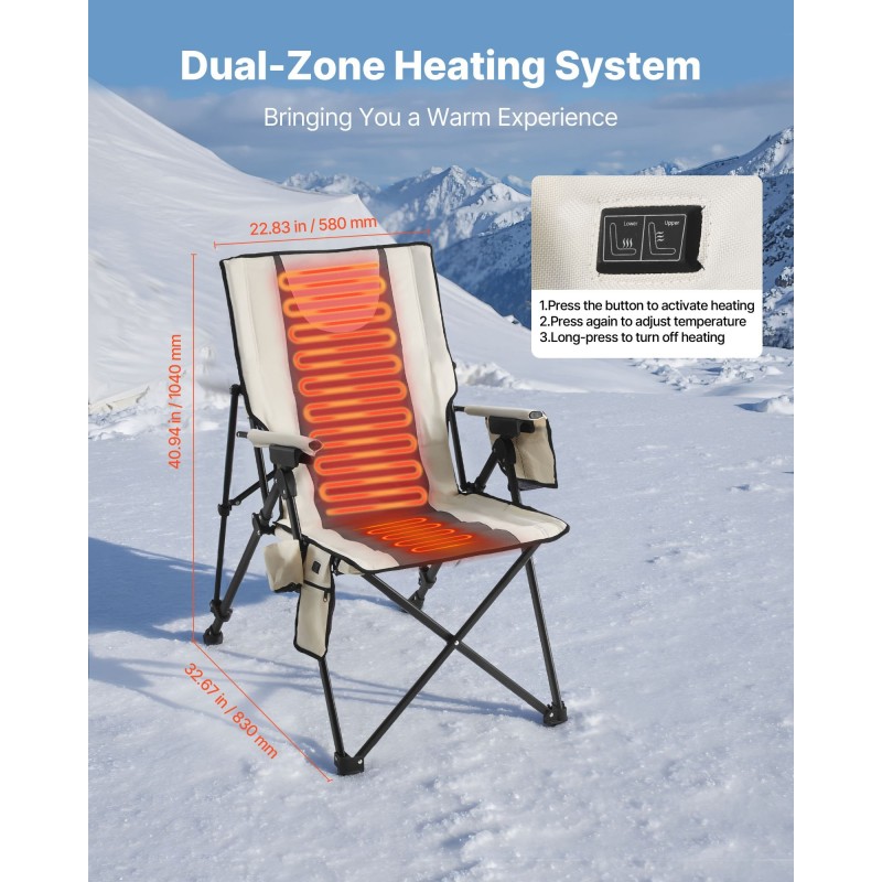 Korkeaselkäinen taitettava lämmitettävä retkituoli puuvillapehmustettu kaksivyöhykkeinen lämmitys kolme lämpöasetusta käsinojat