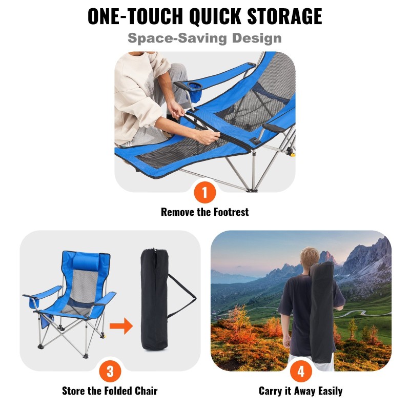 Retkituoli seosteräs verkkokangas 4-portainen selkänoja irrotettava jalkatuki 150 kg kantavuus