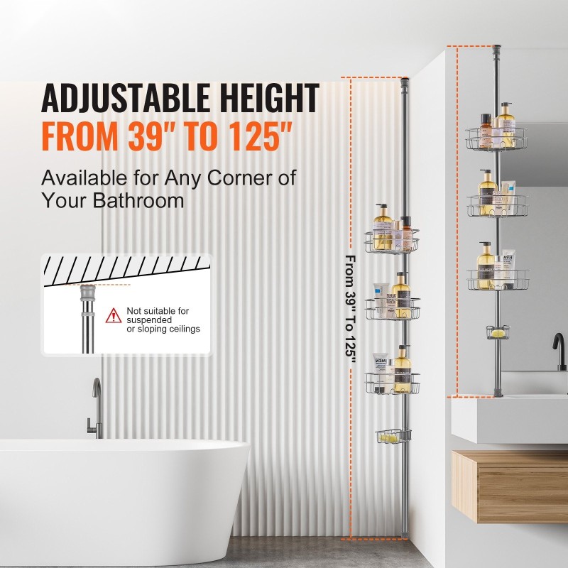 Säädettävä jännitetanko suihkuun kulmahylly kolmella hyllyllä ruostumaton teräs 39–125 tuumaa