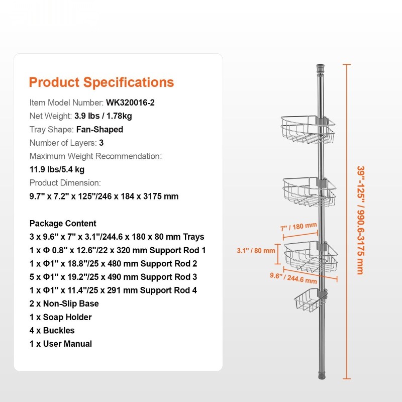 Säädettävä jännitetanko suihkuun kulmahylly kolmella hyllyllä ruostumaton teräs 39–125 tuumaa
