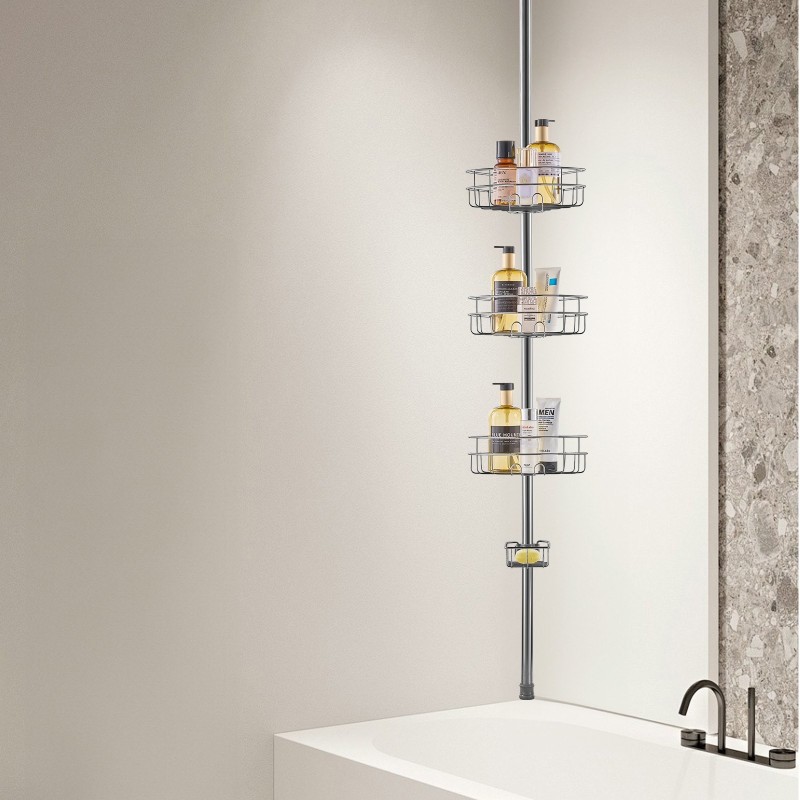 Säädettävä jännitetanko suihkuun kulmahylly kolmella hyllyllä ruostumaton teräs 39–125 tuumaa