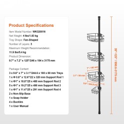 Säädettävä suihkun kulmahylly jännitetangolla ruostumatonta terästä 3 hyllyä 39–125 tuumaa