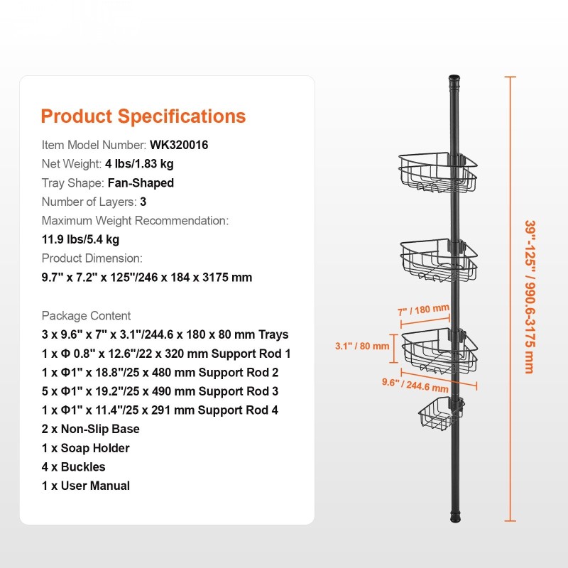 Säädettävä suihkun kulmahylly jännitetangolla ruostumatonta terästä 3 hyllyä 39–125 tuumaa