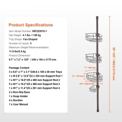 Kulmasuihkukori jännitetangolla ruostumatonta terästä säädettävä 39–125 tuumaa kolmihyllyinen saippuatelineellä