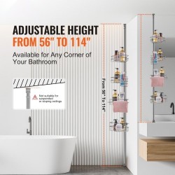 Suihkun kulmahylly ruostumatonta terästä säädettävällä jousitangolla nelitasoinen 56–114 tuumaa kantavuus 5,4 kilogrammaa