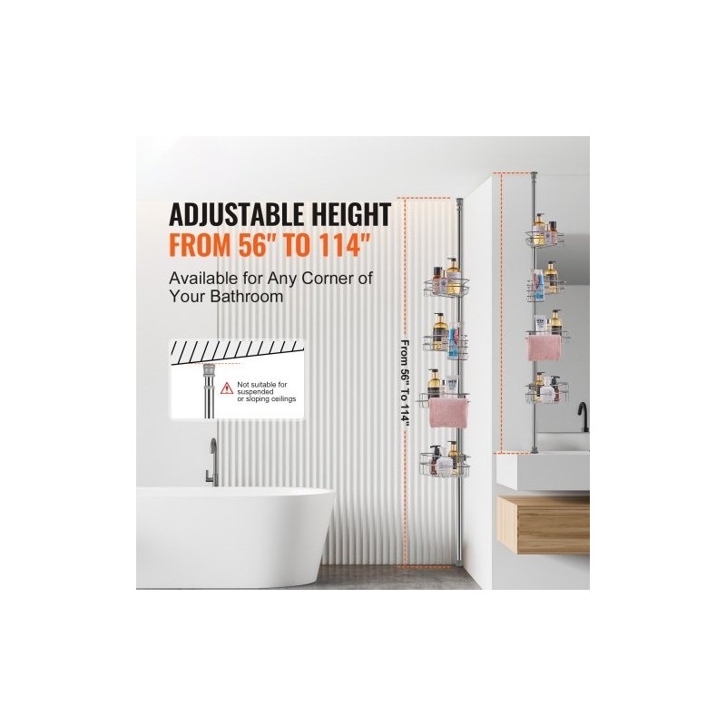 Suihkun kulmahylly ruostumatonta terästä säädettävällä jousitangolla nelitasoinen 56–114 tuumaa kantavuus 5,4 kilogrammaa